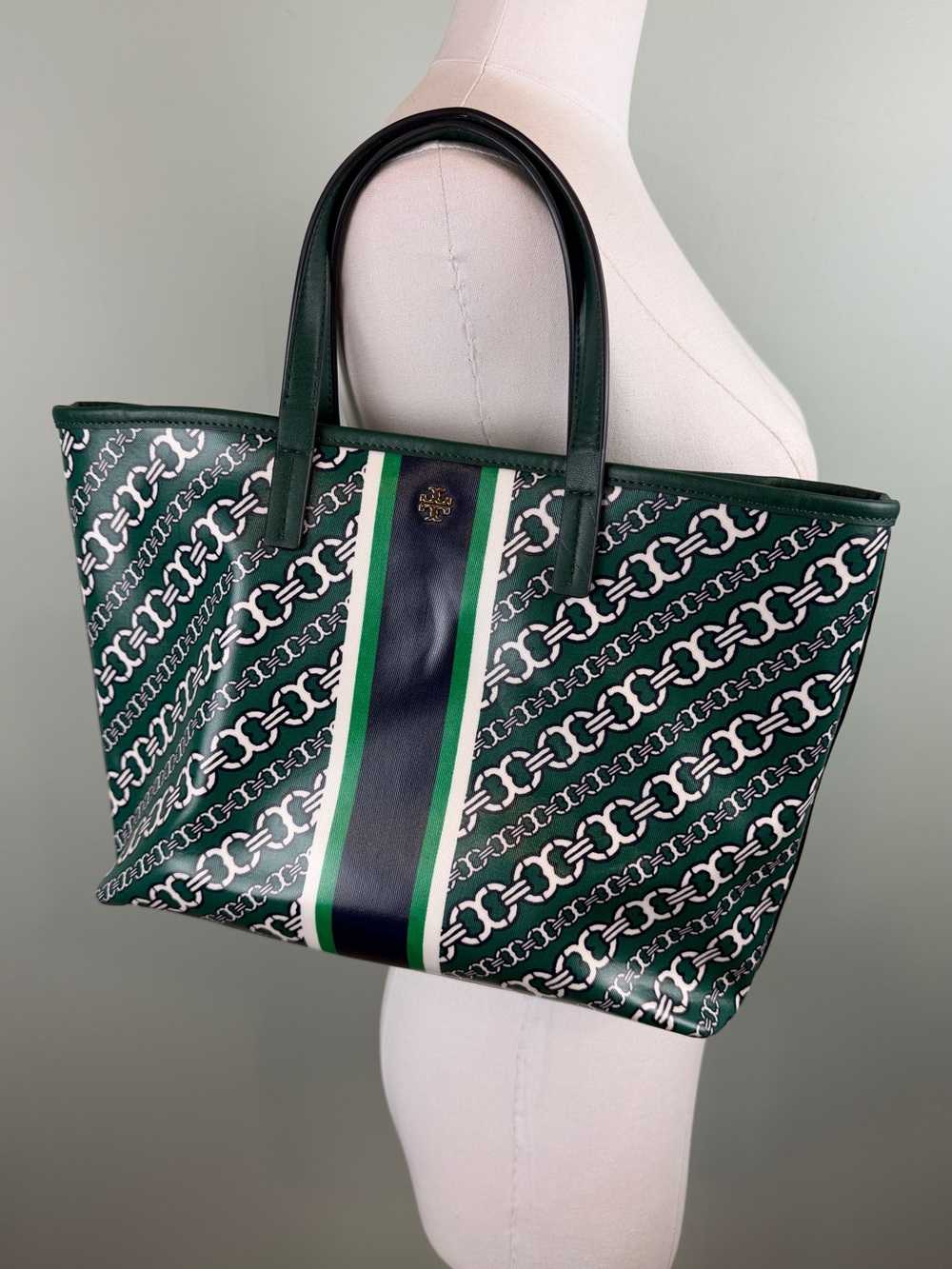Tory Burch Green Navy Gemini Link Bias Printed Tote Coated Canvas